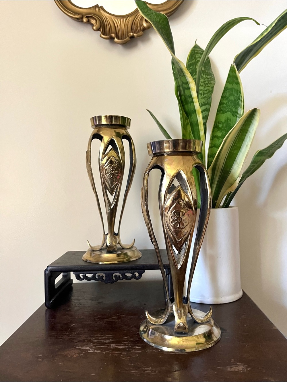 Pair of Vintage Art Nouveau Open Flower Work Solid Brass Candlestick Holders